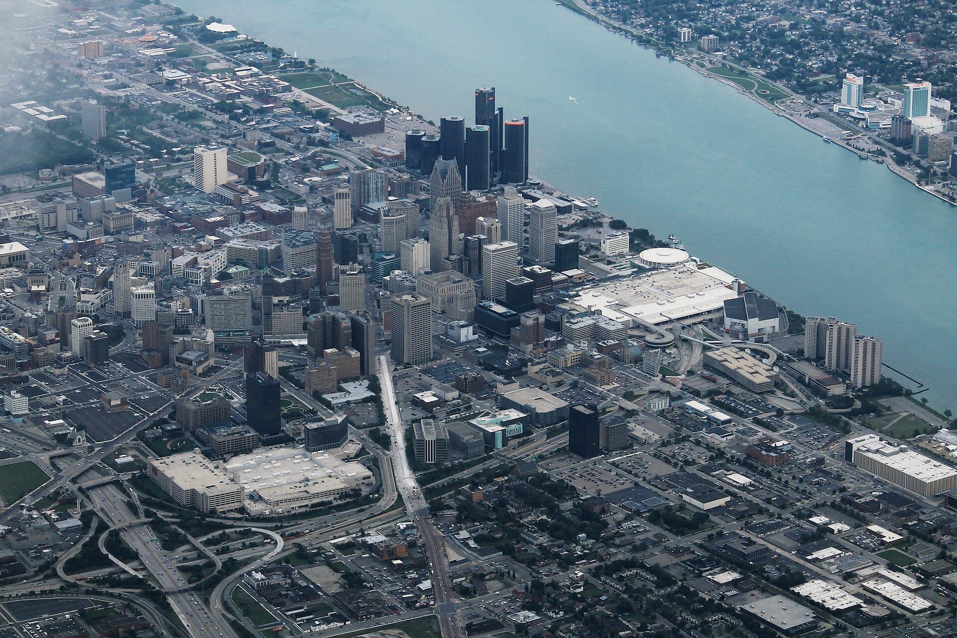 An aerial view of downtown Detroit and the river.